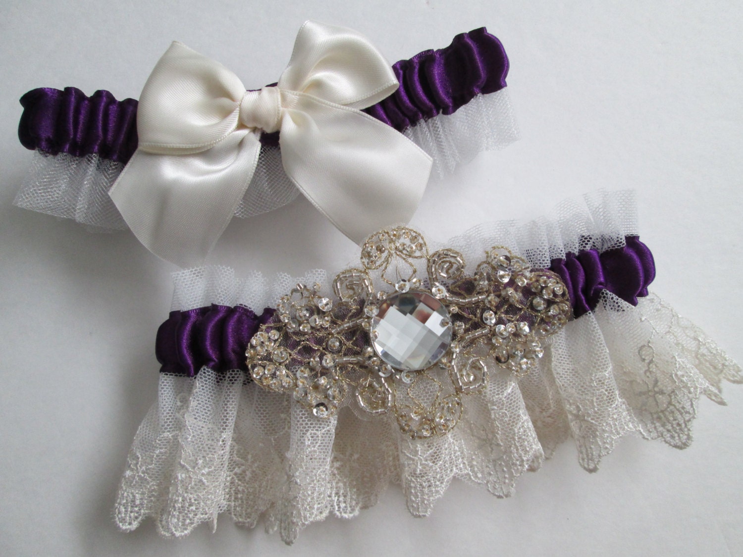 Bridal Wedding Garters, Purple Satin Garters, Ivory Lace Garter, Jeweled/Beaded Lace Garter, Champagne Garter, Bride's Heirloom Garter