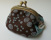 Metal Frame Coin Purse - Pouch - Spring -  Bags and Purses - Brown and Turquoise - Retro print fabric