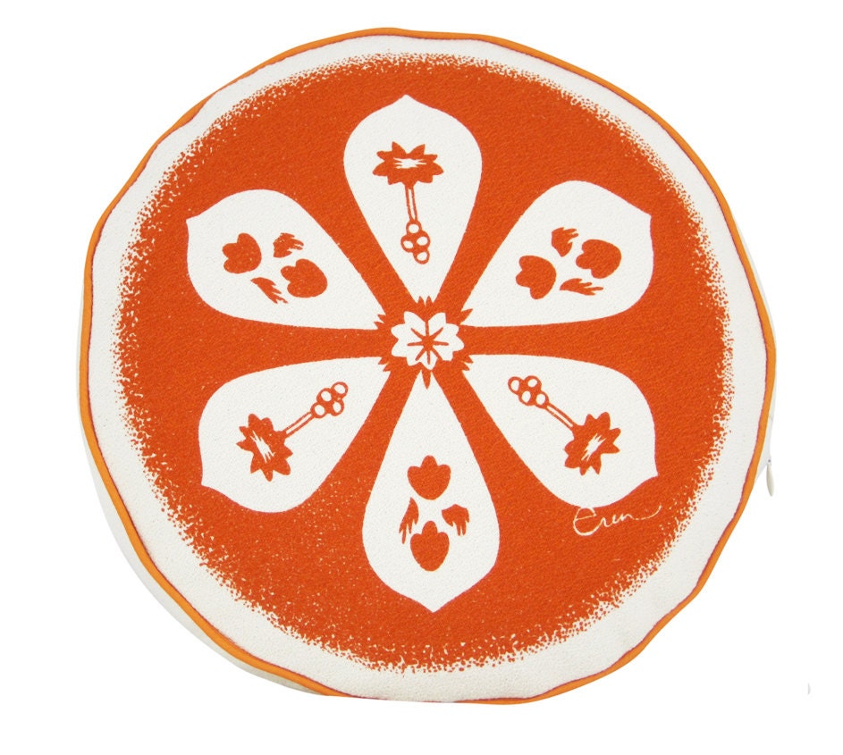 Round Orange Floor Cushion, Orange, Mid Century, Flower, Reversible, Hand Printed on Cotton Bark Cloth, Ships Free