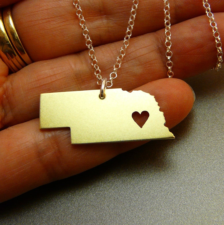 NEBRASKA  State, Brass pendant, sterling silver chain, custom heart, handmade