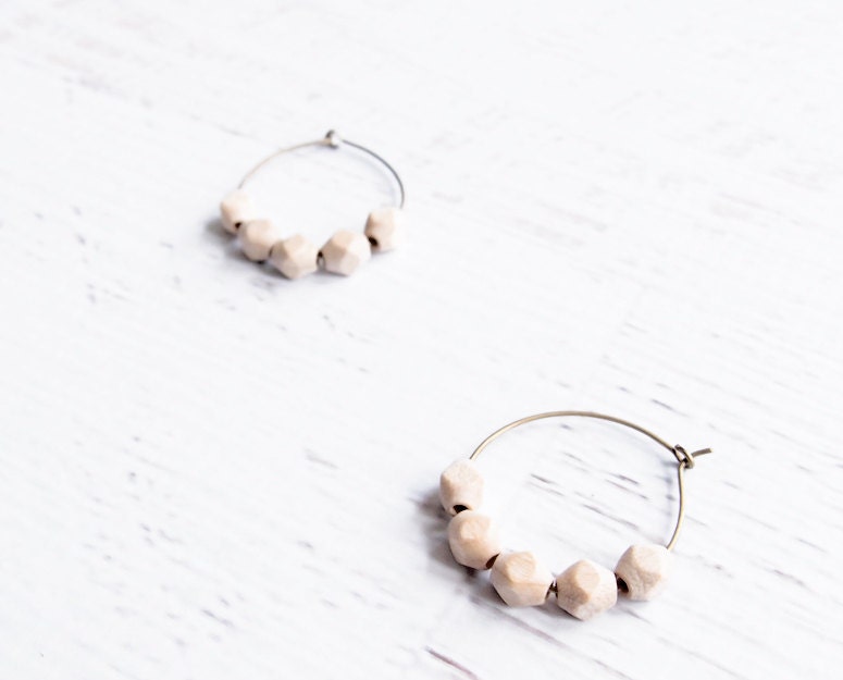 Faceted Wood Bead Earrings on Antique Brass Hoops - Simple Geometric Earrings
