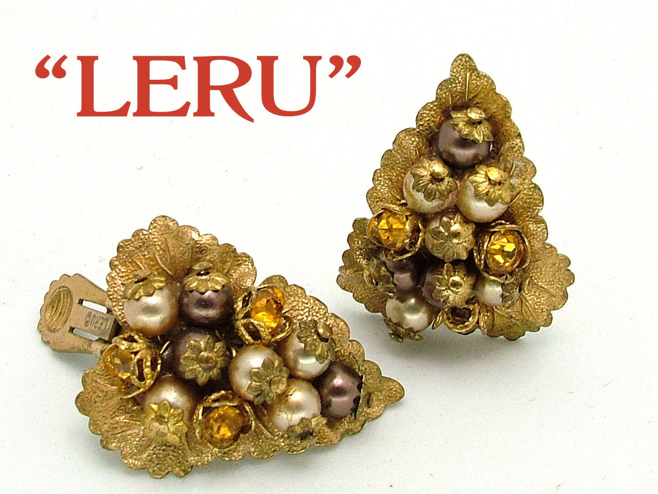 Vintage 1950s LERU Earrings Faux Pearls & Gold Tone Grape Leaf Cluster Design