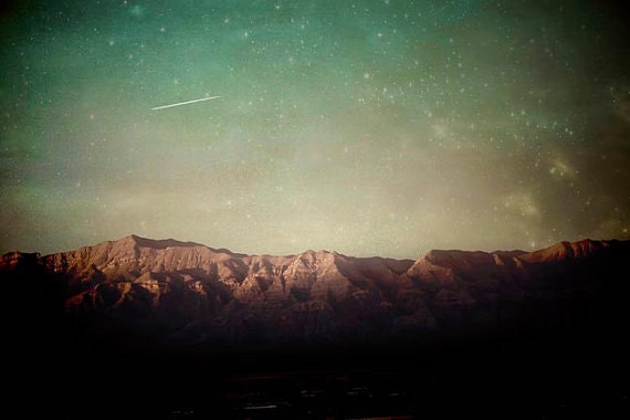 Landscape photography - brown mountains of the southwest - blue green teal sky with shooting stars 8x12