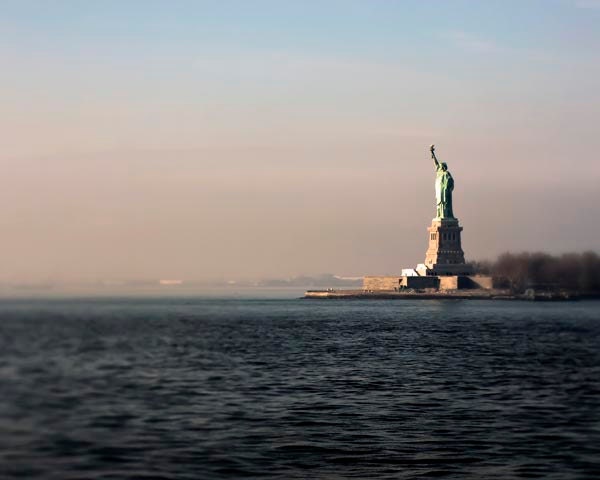 New York City Photography, Statue of Libery, Ombre, indigo, wall decor, men, blue, peach, pink, water, 8x10 photo