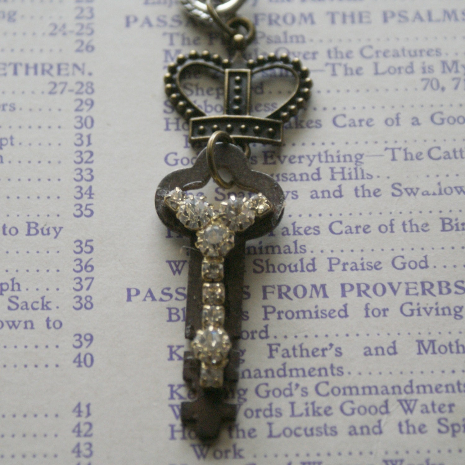 Vintage Key with Repurposed Vintage Rhinestones and Crown Charm Necklace