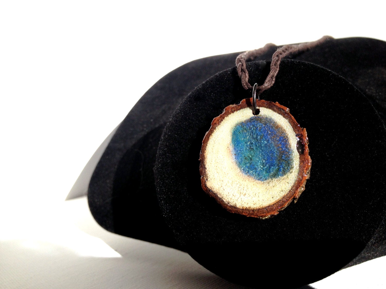 My Moon Tinted Wood Tree Ring Necklace - Reversible Natural Hand Painted Pendant in Brown, Blue to Navy Ombre & White to Silver shimmer