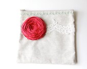 SALE Rosette Clutch Bag Natural Linen Embroidery Lace and Ruby Red Silk Rosette Clutch Rosette Bag Purse Linen Canvas Bag Purse
