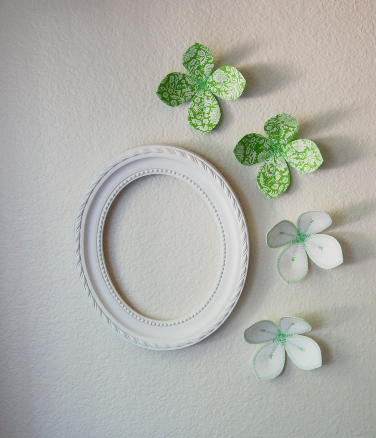 wall flowers.  fabric flowers. 3d wall decor. green and white fabric flowers. girls room wall decor. flowers for wall. fabric wall decal