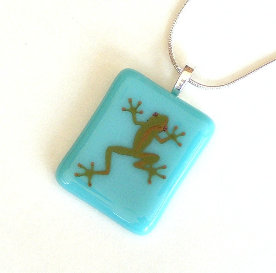Fused Glass Pendant Necklace - Teal Blue with Green Lizard Decal