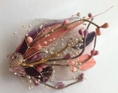 LILIANA Fascinator in Coral Pink, Mauve, and Plum Feathers with Berries, Gold Branch and Vintage Buttons