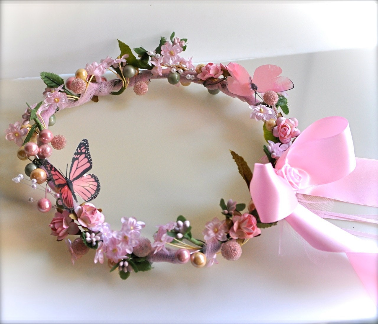 Flower Girl Floral Wreath Circelet.  Handmade with tulle, flowers, ribbon, butterfly and floral balls. Fairy princess birthday crown.