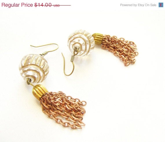 SUMMER SALE Gold copper fringe earrings - fluted lucite beads, copper tassels