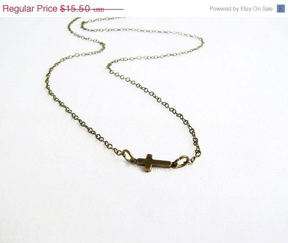 SUMMER SALE Sideways Cross Necklace - Tiny Side Cross Necklace in Antiqued Brass