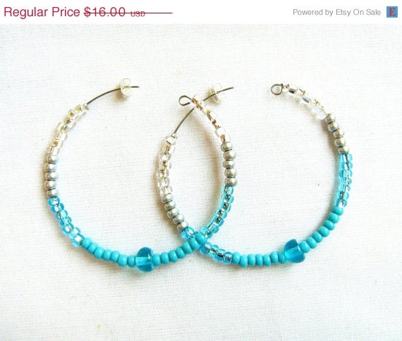 SUMMER SALE Silver Blue Hoop Earrings, Ombre Capri Summer,  handmade beaded hoops