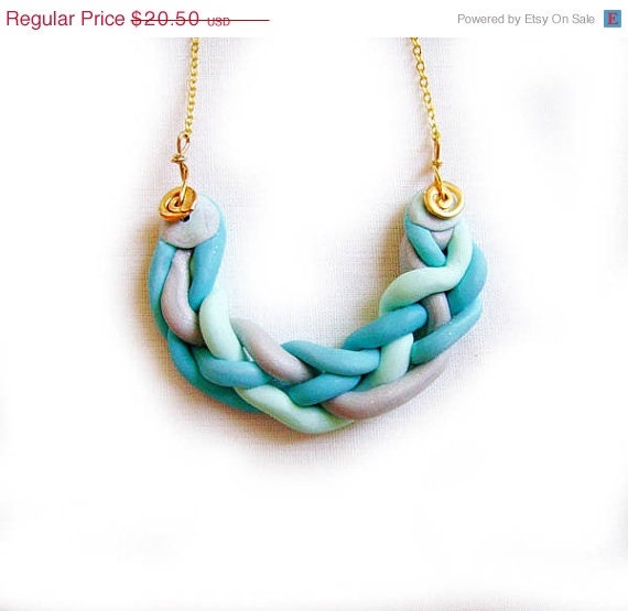 SUMMER SALE Mint Pastel Braided Necklace -  Handmade Polymer Clay Necklace