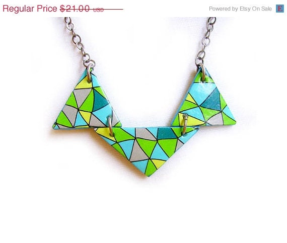 SUMMER SALE Ombre Geometric Necklace in Blue, Green, Yellow - Neon Triangle Handmade Clay Necklace