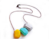 SUMMER SALE Mango-Blue Geometric Necklace - Yellow, Teal Blue, Grey Color Block Polymer Clay Handmade Necklace- Rare Diamonds Collection