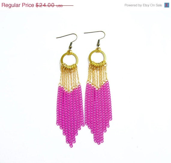 SUMMER SALE Neon Pink Gold Statement Earrings, Long Fringe Earrings, Ombre Soleil  Handmade Earrings