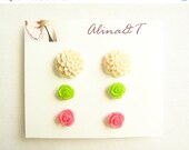 SUMMER SALE Flower Post Earrings, Neon Pop of Pink and Green and Ivory White, Gift set of Three Pairs,  Dahlia and Rose stud earrings