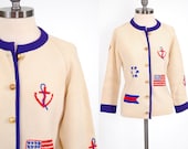 Vintage 60s knit cardigan SAILOR motif / American flags stars stripes anchors