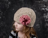 Girls crochet hat wth ruffle flower, crochet baby hat, womens crochet hat, sparkle flower hat, fashion hat, girls crochet beanie