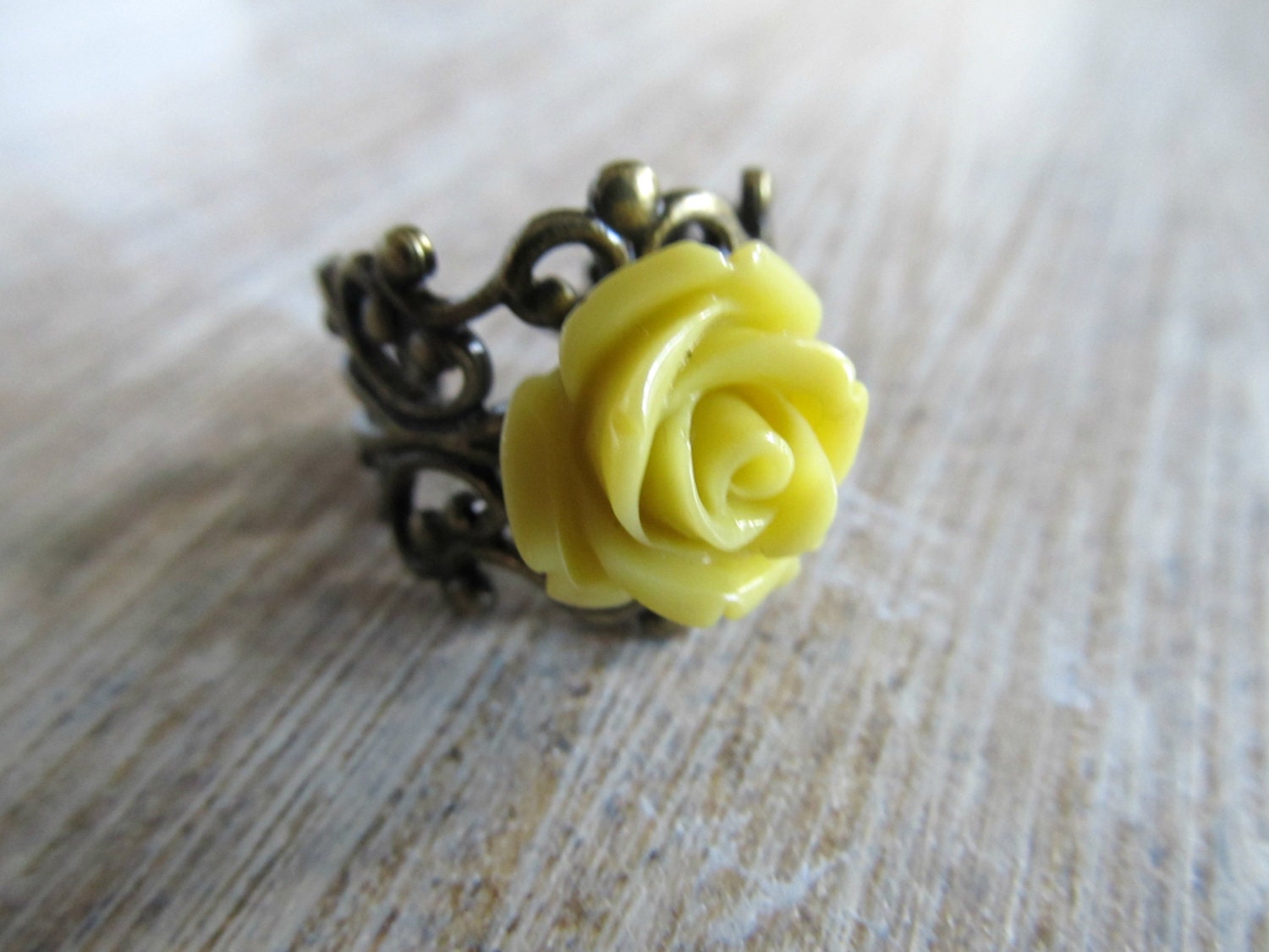 Mustard yellow flower ring - rose ring - adjustable brass filigree ring