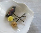 Botanical flower hair pins, butterlfy hair pin, floral bobby pins, woodland, garden, cottage chic, shabby chic