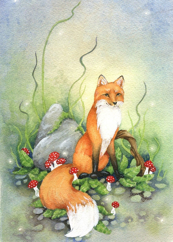 Little Fox - 5x7 Watercolor Print - woodland. animal. cute. green. nature. fine art. fairy tale. illustration. orange