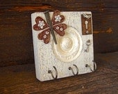 Repurposed Antique Architectural Salvage-Bulls Eye Corner Molding Block - Vintage White, Rustic Steampunk Wall Art, Hook Rack/Key Rack