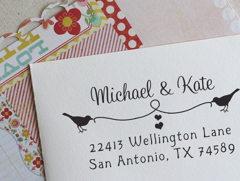 Custom Rubber Stamp - Self Inking Address Stamp - Birds and Heart String