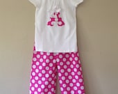 Boutique Ruffle Pants with Initial Shirt Pink and White Polka Dot