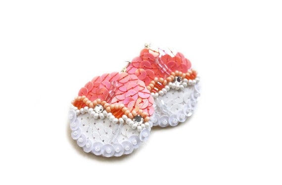 Earrings Peach White Sequins embroidered felt summer pastel