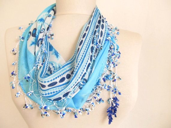 Turkish YEMENI  scarf BLUE-AQUA f scarOya Scarf ..cotton scarves woman scarves