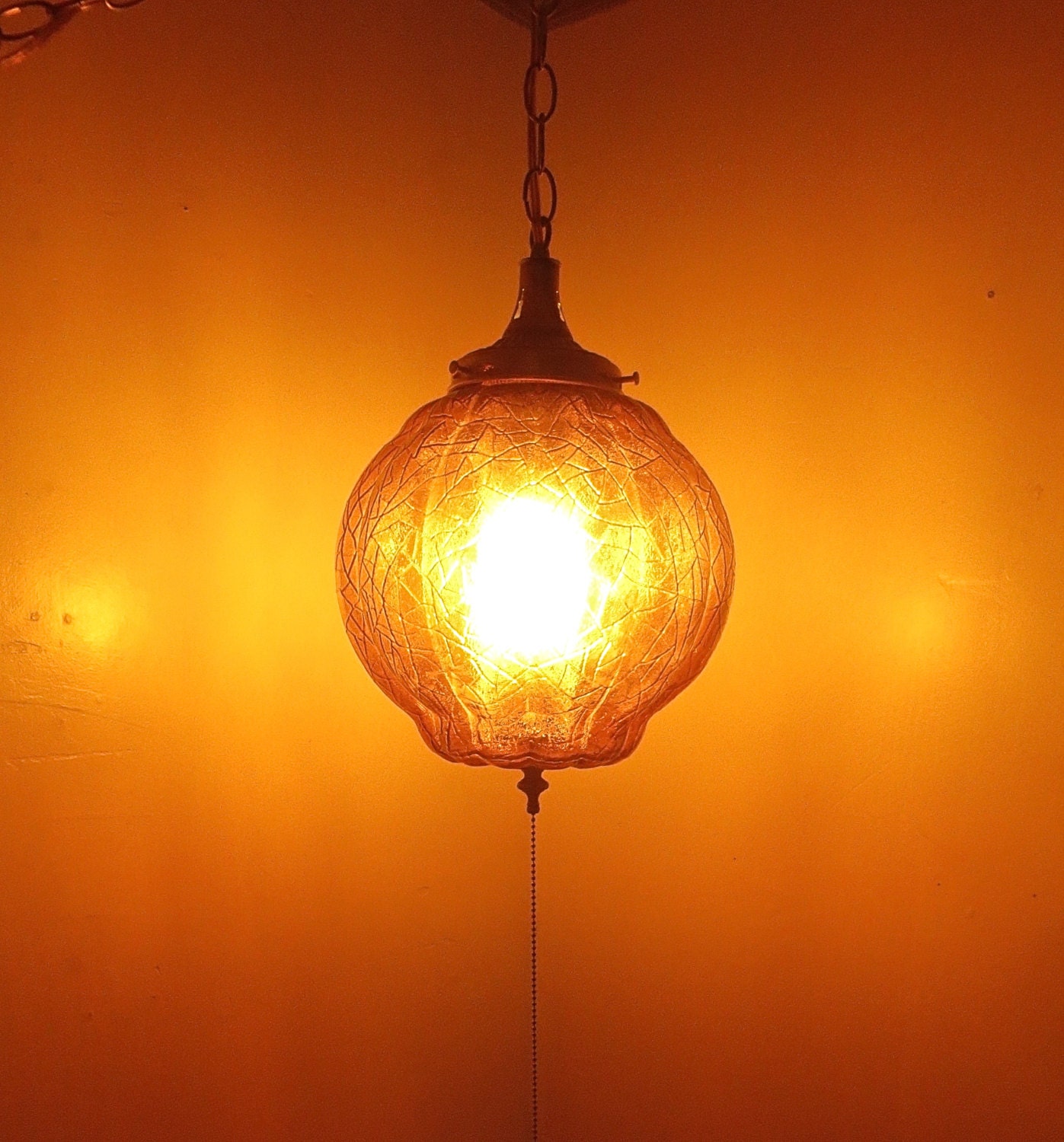 Vintage 1970's  Gold Crackle Glass Swag Lamp w/Diffuser & Pull Chain- Hanging Light Fixture
