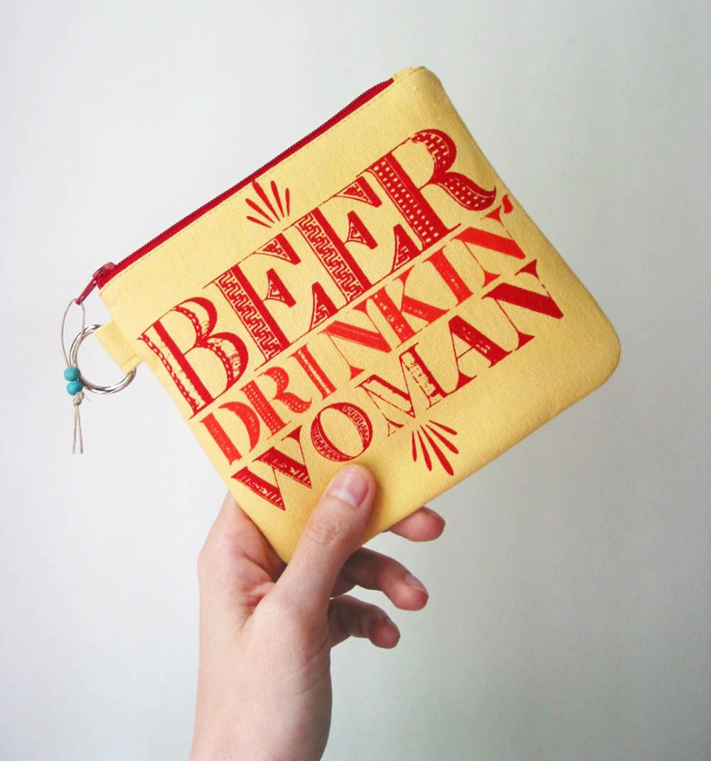 Beer Drinkin Woman Screenprint Bright Zipper Purse Red Yellow Orange