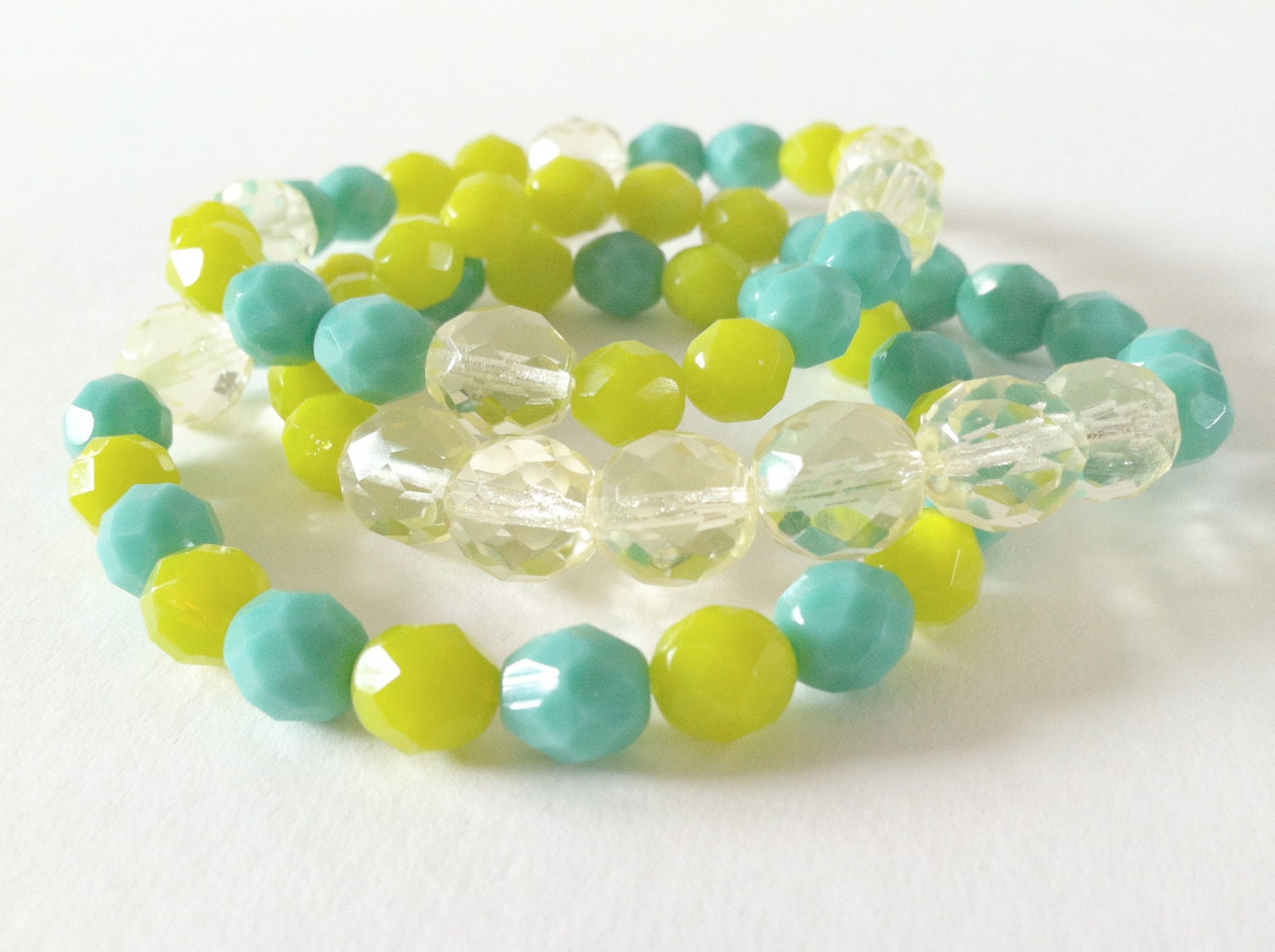 Lemon and Lime Stretch Bracelets.  Set of 3.  Czech Glass Beads