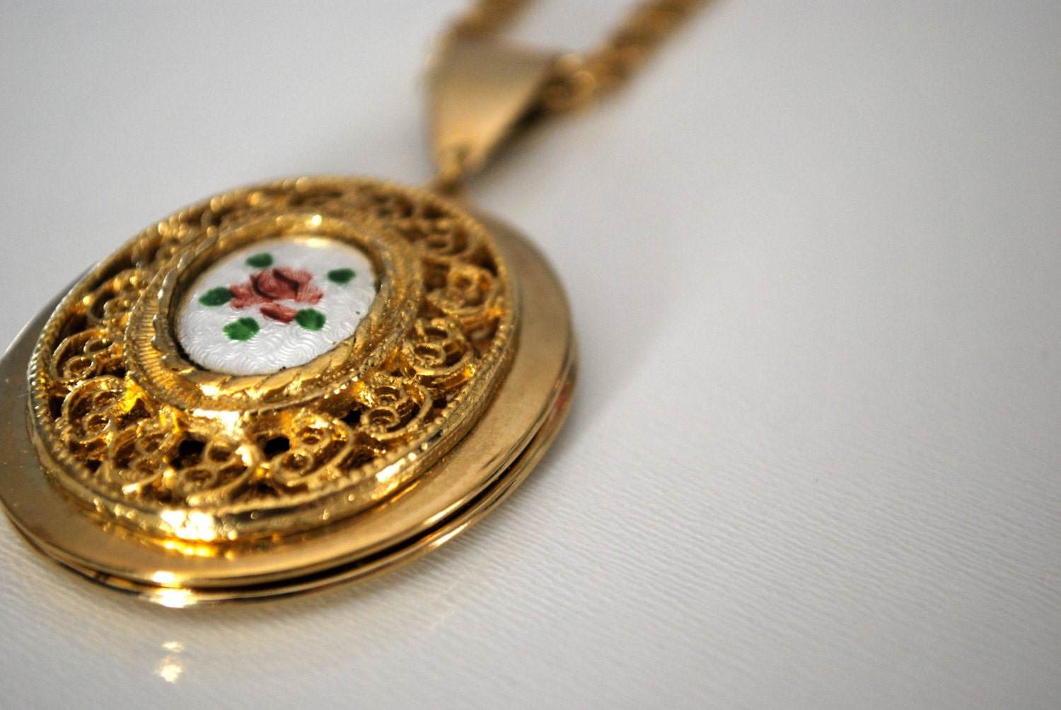 Vintage Gold Locket W/ Painted Rose Center