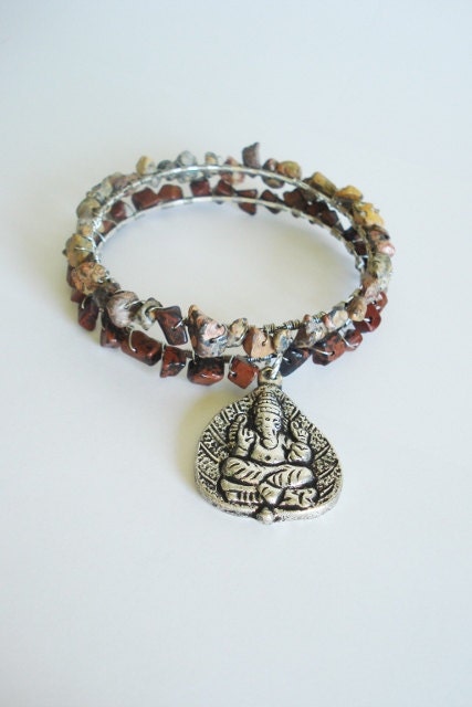 Stacking Bracelets, bohemian jewelry, bohemian bracelet, bracelet set, wire wrapped, stone, ganesh, hindu, boho, zen brown, silver