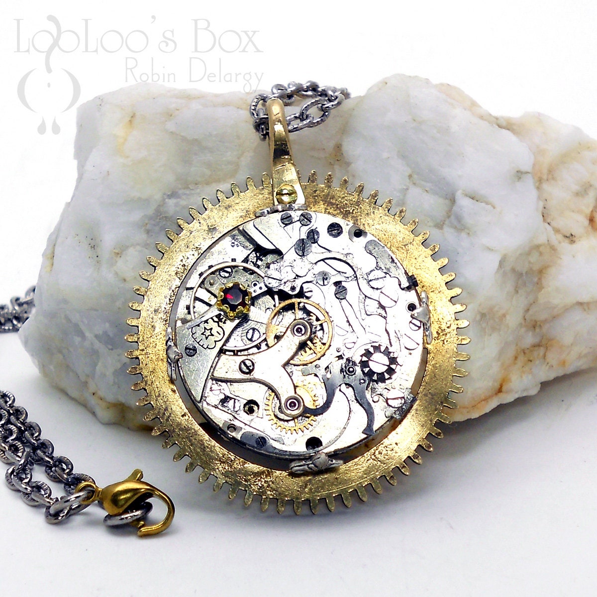 Industrial Steampunk Watch Movement Necklace with Red Rhinestone N0382 by Robin Delargy LooLoo's Box Handcrafted Jewelry
