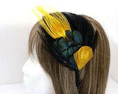 Steampunk Feather Fascinator - Monica design with yellow peacock feathers - CHOOSE headband, hair clip, or comb CUSTOMIZE feather color