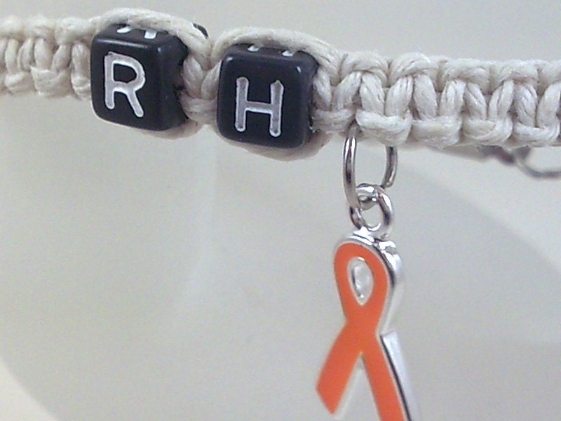 Personalized Cancer Awareness Hemp Bracelet with Letter Beads and Ribbon Charm