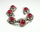 Art Deco Sterling Arts and Crafts Style Red Glass Flower Petal Bracelet