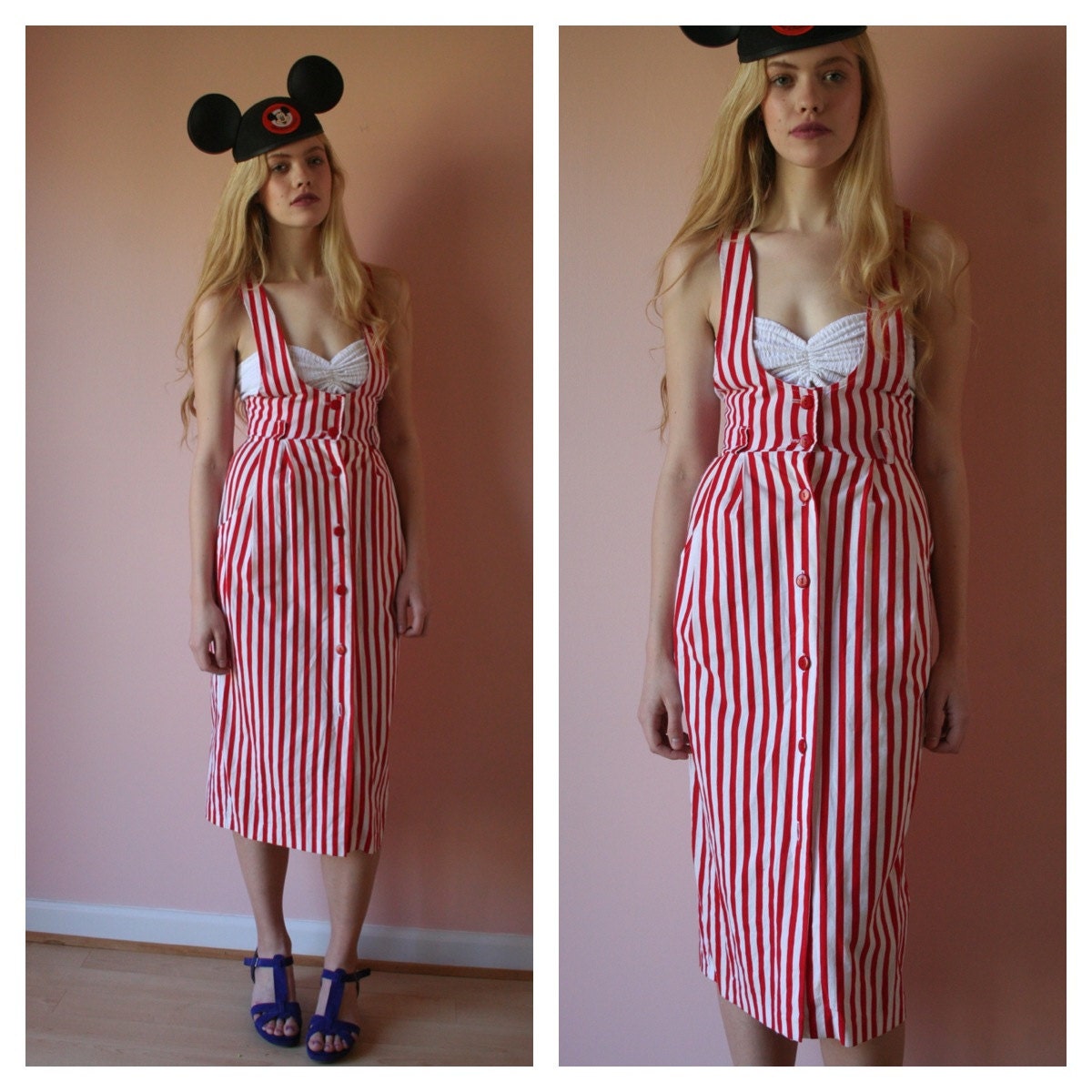 80s Jumper Dress / Cotton Sundress / Candy Striper / Red and White Overalls / Wiggle Dress / Summertime Dress / Size Small sm 0-2