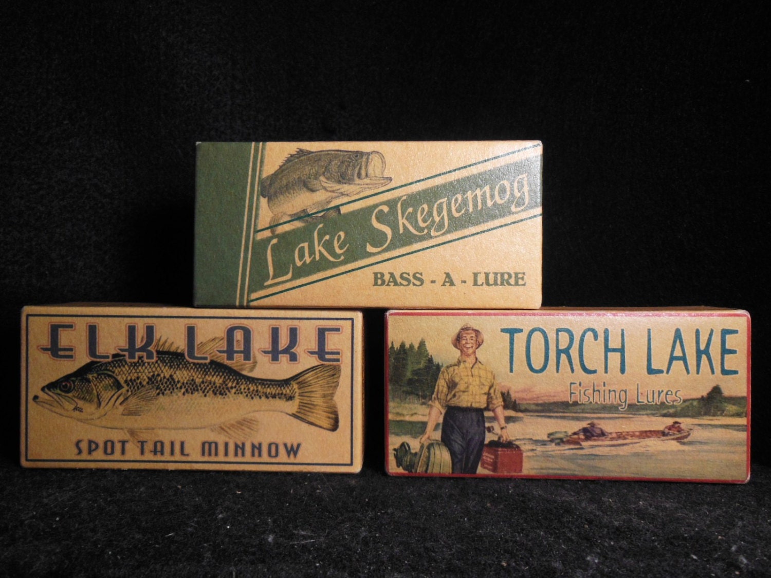 Skegemog, Torch and Elk Lakes Michigan fishing cabin lake house lure boxes decorations