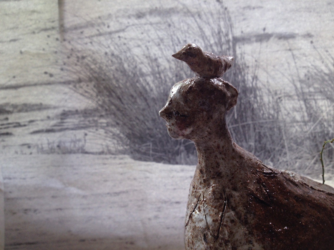 Vase6  "Bird person with brown wings"   handmade ooak sculpture