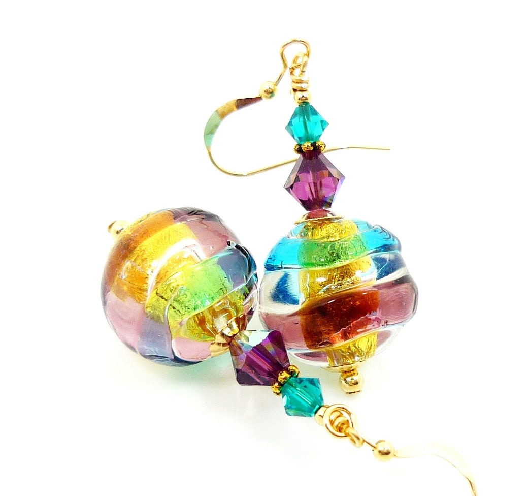 Venetian Murano Glass Earrings, Lampwork Earrings, 14K Gold Filled Earrings, Glass Bead Earrings, Beadwork Earrings