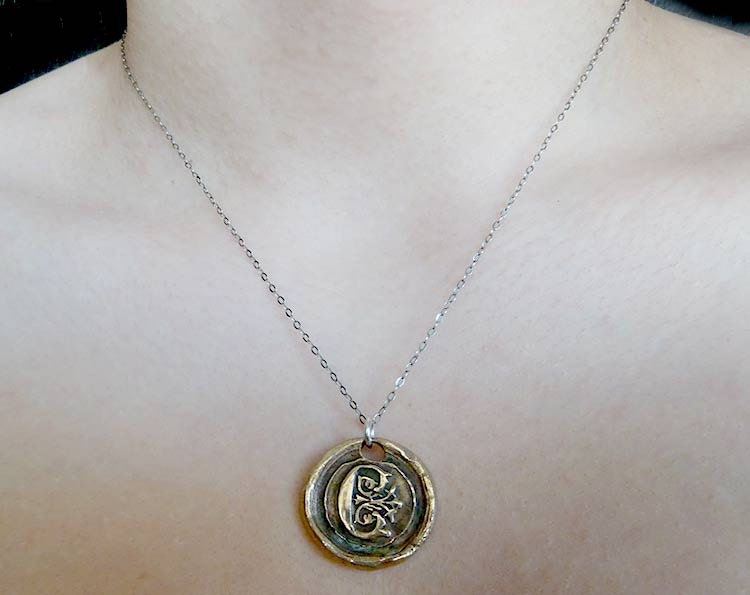 Wax Seal Monogram Initial Letter Necklace. Sterling Silver Chain. Personalized Inscribed Bronze Jewelry