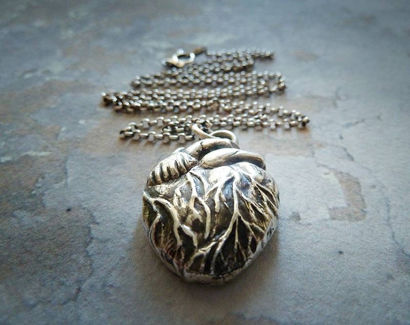 Tell Tale Heart Necklace. Fine Silver Pendant. Sterling Silver Chain. Silver Anatomical Jewelry