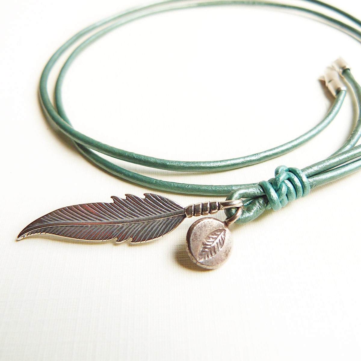 Feather and Leaf Leather Necklace for Women - Two Sterling Silver Pendants on Teal Leather - SivaniAccessories