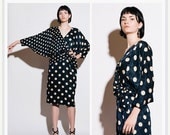 SALE FERRE 1980s Navy Polka Dot Dolman Sleeve Dress